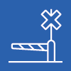 White icon of rail crossing from a road on blue background.