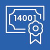 White icon of certificate on blue background with numbers 14001 inside it.