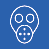 White icon of face mask with breathing apparatus on blue background.
