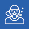 White icon on blue background of a diver's head and shoulders. Three bubbles are alongside the mask.