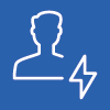 White icon on blue background of outline of person with small lightning strike near bottom right shoulder.